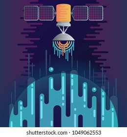 Vector illustration of sci-fi planet in space and solar cell satellite with radar dish station with sound or radio wave. Abstract digital space object icons in flat style.