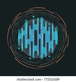 Vector illustration of sci-fi planet in space. Abstract digital blue planet icon with dribbles in flat style. Planet galaxy on dark background.