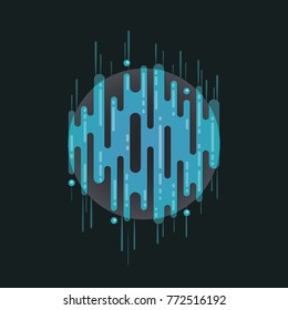 Vector illustration of sci-fi planet in space. Abstract digital blue planet icon with dribbles in flat style. Planet galaxy on dark background.