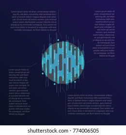 Vector illustration of sci-fi planet in space with text blocks. Abstract digital blue planet icon with dribbles in flat style.