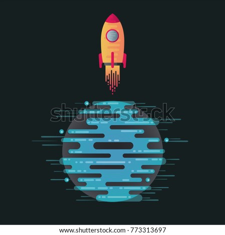 Vector illustration of sci-fi planet in space and take off rocket. Abstract starting rocket on digital blue planet icon with dribbles in flat style. Planet galaxy on dark background.