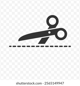 Vector illustration of scissor cutting line icon in dark color and transparent background(PNG).