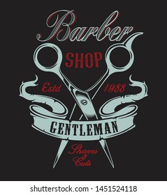 Vector illustration with scissors for a barber shop on a dark background. All elements and text are in a separate group.