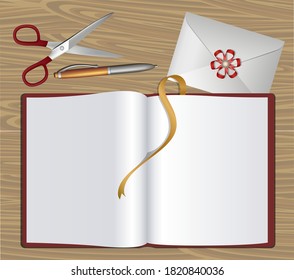 Vector illustration of scissors book and pen to write a letter