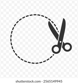 Vector illustration of scissors circle cutting lineicon in dark color and transparent background(PNG).