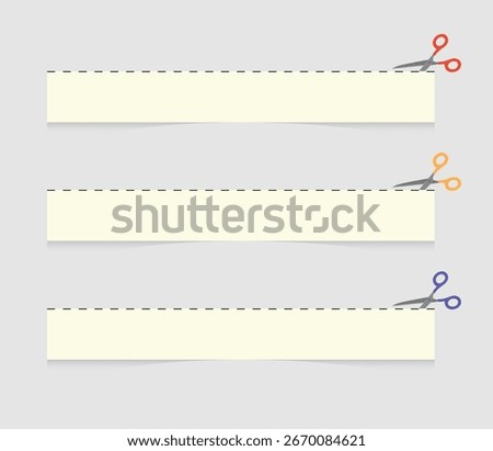 Vector illustration of scissors cutting along the edge of paper with a dashed border, perfect for coupon, discount, and DIY design projects.