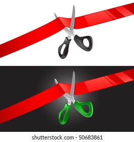 vector illustration of scissors cutting red ribbon