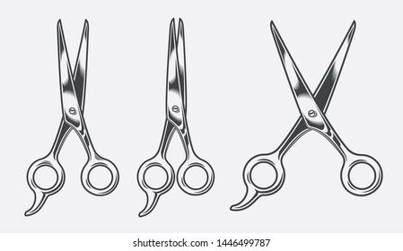 Vector illustration of scissors for hairdressers in three versions on a white background. All elements have a white substrate and are grouped.