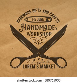 Vector illustration of scissors for sewing on a craft paper. 