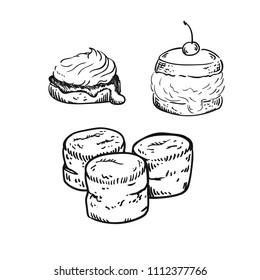 Vector illustration of scones, sketch isolated on white - hot home made baked sweet bun.