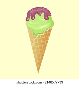 Vector illustration. A scoop of ice cream with syrup in a waffle cup