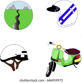 Vector illustration: scooter, helmets and road view