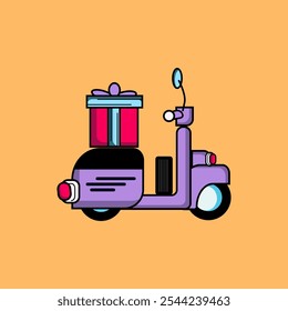 Vector illustration of scooter motorbike carrying birthday gifts, Christmas gift package delivery.