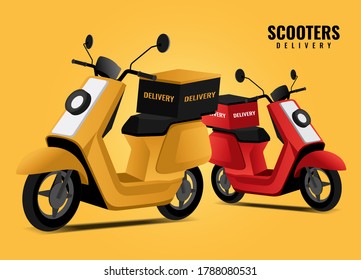 Vector illustration of scooters delivery service. Scooters set. Old style motorbike. E-commerce concept. delivery moped