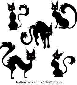 vector illustration. a score of black cats with bright yellow eyes.