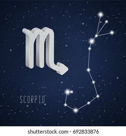 Vector illustration of Scorpio 3D symbol and constellation on the background of starry sky