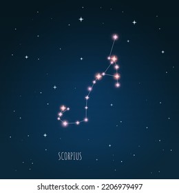 Vector illustration Scorpio constellation, astronomical, dark blue sky, starry sky, starlight, cosmos. Zodiac sign.