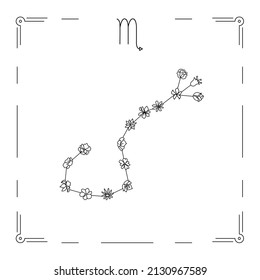 Ilustración vectorial de la constelación de Escorpio con flores y signo de zodiaco. 