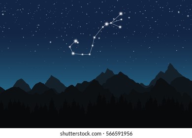 Vector illustration of Scorpio constellation on the background of starry sky and night mountain