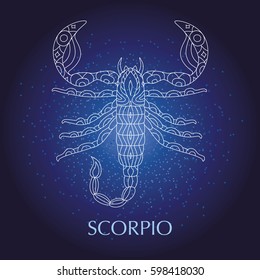 Vector illustration of scorpio in the star sky, zodiac sign. Poster, card, print design.