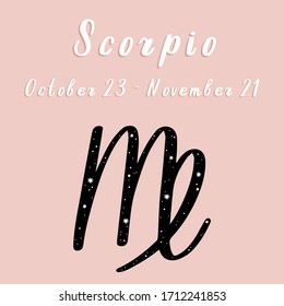 Vector illustration of Scorpio zodiac sign and date on a pink background.