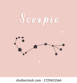 Vector illustration of Scorpio zodiac sign on a pink starry background.