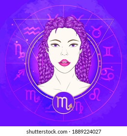 Vector illustration of Scorpio zodiac sign and portrait beautiful girl on abstract background with horoscope circle. Mysticism, esoteric, astrology. Water element.