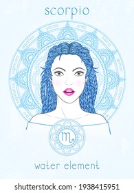 Vector illustration of Scorpio zodiac sign, portrait beautiful girl and horoscope circle. Water element. Mysticism, predictions, astrology. 