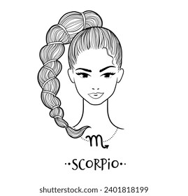 Vector illustration of Scorpio zodiac sign line art female face portrait