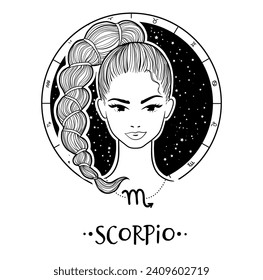 Vector illustration of Scorpio zodiac sign line art female face portrait with circle
