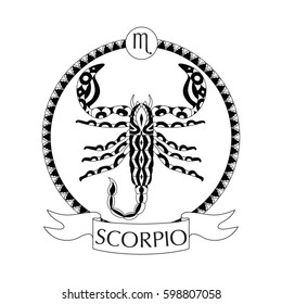 Vector Illustration Of Scorpio, Zodiac Sign In Zentangle Style. Tattoo, Coloring Page, T-shirt, Card, Poster, Print Design.