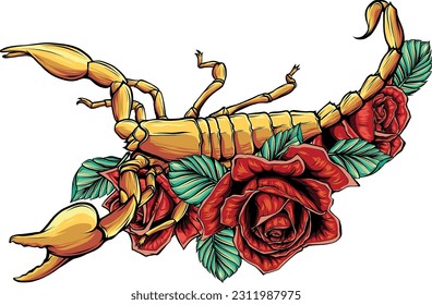 ilustración vectorial del escorpión con rosas sobre fondo blanco