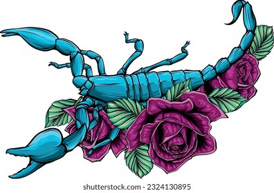 Vektorgrafik von Skorpion mit Rosen auf weißem Hintergrund