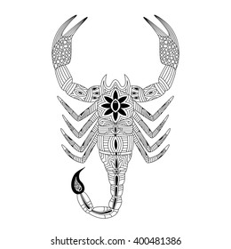 Vector illustration of the scorpion in zentangle and ethcnic style. Zodiac symbol. Tattoo, coloring page, t-shirt, card, poster, print design.