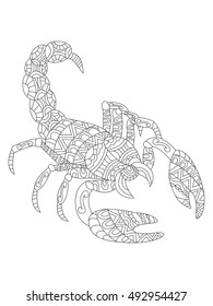 Vector illustration of the scorpion in zentangle and ethcnic style. Zodiac symbol. Tattoo, coloring page, t-shirt, card, poster, print design.