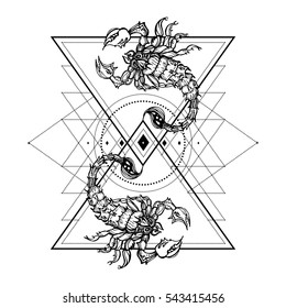 Vector illustration of scorpions. Tattoo prints on T-shirts, calendars, mugs. Horoscope, totem animal, mysticism. Covers for notebooks, picture coloring. time geometry, stylized clock. Monochrome.