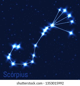 Vector illustration of Scorpius constellation. Astronomical Scorpion. Cluster of realistic stars in the dark blue starry sky.