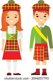 
 Vector illustration of scot children, boy, girl, people.
Set of scot woman and man dressed in national costum.es