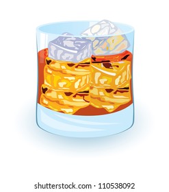 Vector illustration of scotch on rocks cocktail on night disco background