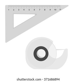 Vector illustration scotch tape and triangle ruler office, school stationery tools. 