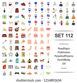 Vector illustration of scotland, country, road, signs, professions, pizza pizzeria part body icon set.