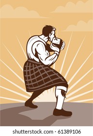 vector  illustration of  a Scotsman in traditional Scottish game  and kilt throwing stone put done in retro style.