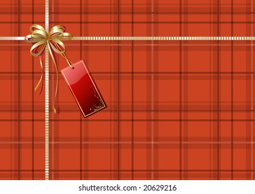 Vector illustration of Scottish plaid gift wrapping with golden ribbon, bow and red empty tag