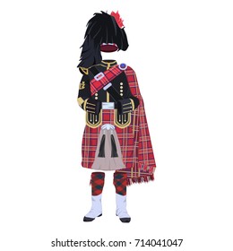 Vector illustration of scottish traditional piper uniform. Regional dress of the Highlands and Isles of Scotland. Flat style design.