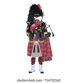 Vector illustration of scottish traditional piper uniform and bagpipes. Flat style design.