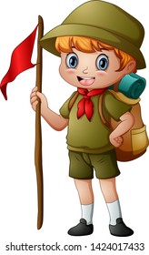 Vector illustration of Scout boy holding red flag