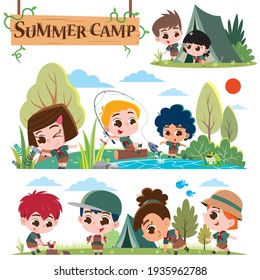 Ilustración vectorial del personaje de niños Scout. Los exploradores de los campamentos de verano. Niños del campamento de verano