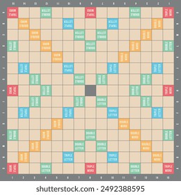 Vector illustration of a Scrabble game board. The design features a detailed layout of the classic word game, with squares for letters and special bonus tiles.