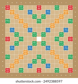 Vector illustration of a Scrabble game board. The design features a detailed layout of the classic word game, with squares for letters and special bonus tiles.