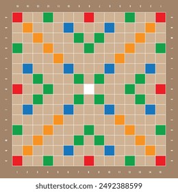 Ilustración vectorial de un tablero de juego de Scrabble. El diseño cuenta con un diseño detallado del juego de palabras clásico, con cuadrados para las letras y fichas de bonificación especial.